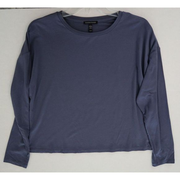 Eileen Fisher Women's Sz XS Twilight Blue Crew Neck L/S Boxy Short Top $138 - Picture 5 of 6